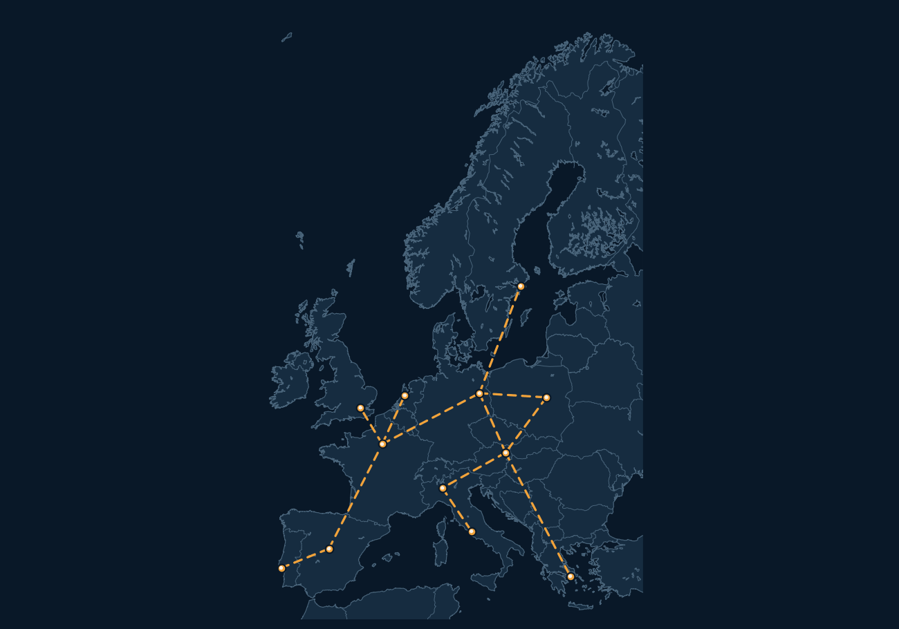 Mapa ilustrativo de rotas e ligações europeias